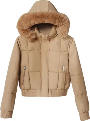 Borniu Women's Winter Cropped Puffer Coat Thicken Fleece Lined Down Jacket Faux Fur Hooded Short Puffer Jackets