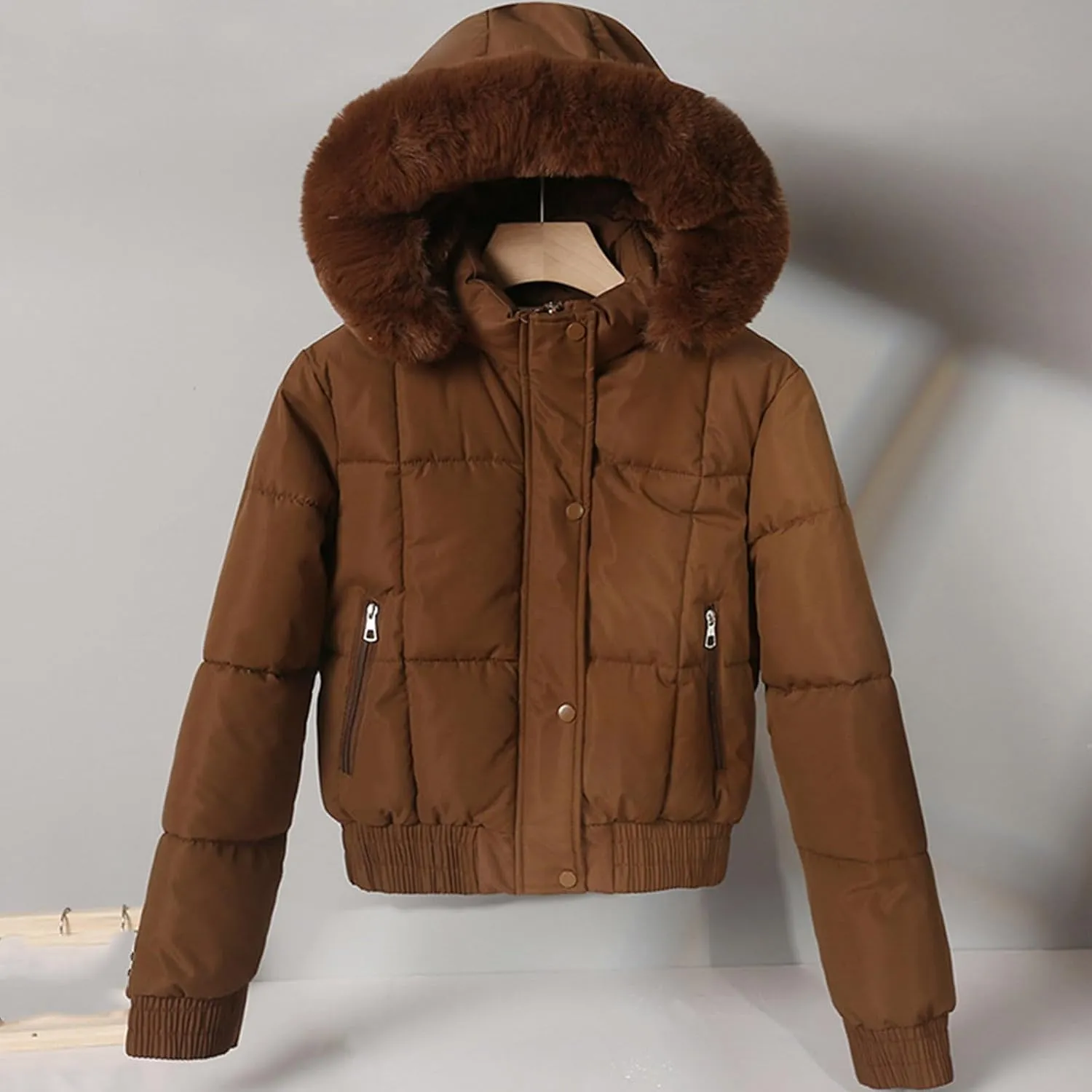 Borniu Women's Winter Cropped Puffer Coat Thicken Fleece Lined Down Jacket Faux Fur Hooded Short Puffer Jackets