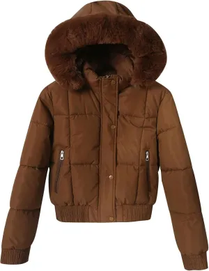 Borniu Women's Winter Cropped Puffer Coat Thicken Fleece Lined Down Jacket Faux Fur Hooded Short Puffer Jackets