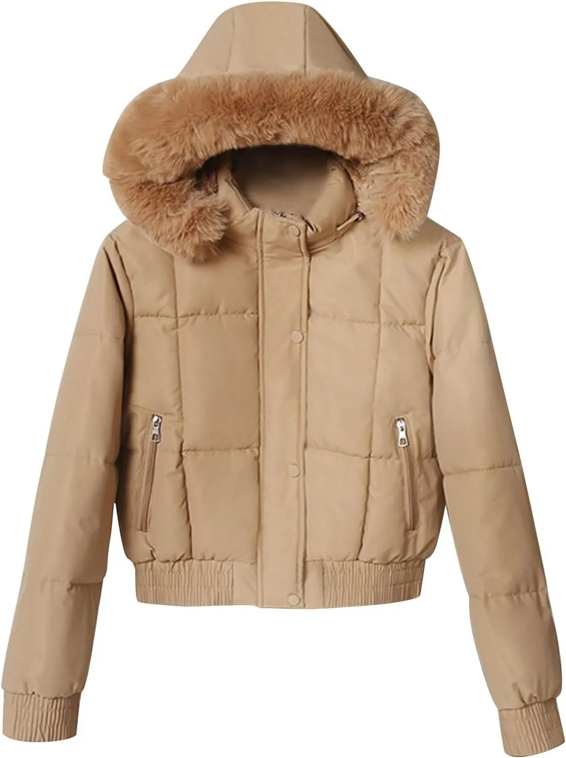 Borniu Women's Winter Cropped Puffer Coat Thicken Fleece Lined Down Jacket Faux Fur Hooded Short Puffer Jackets