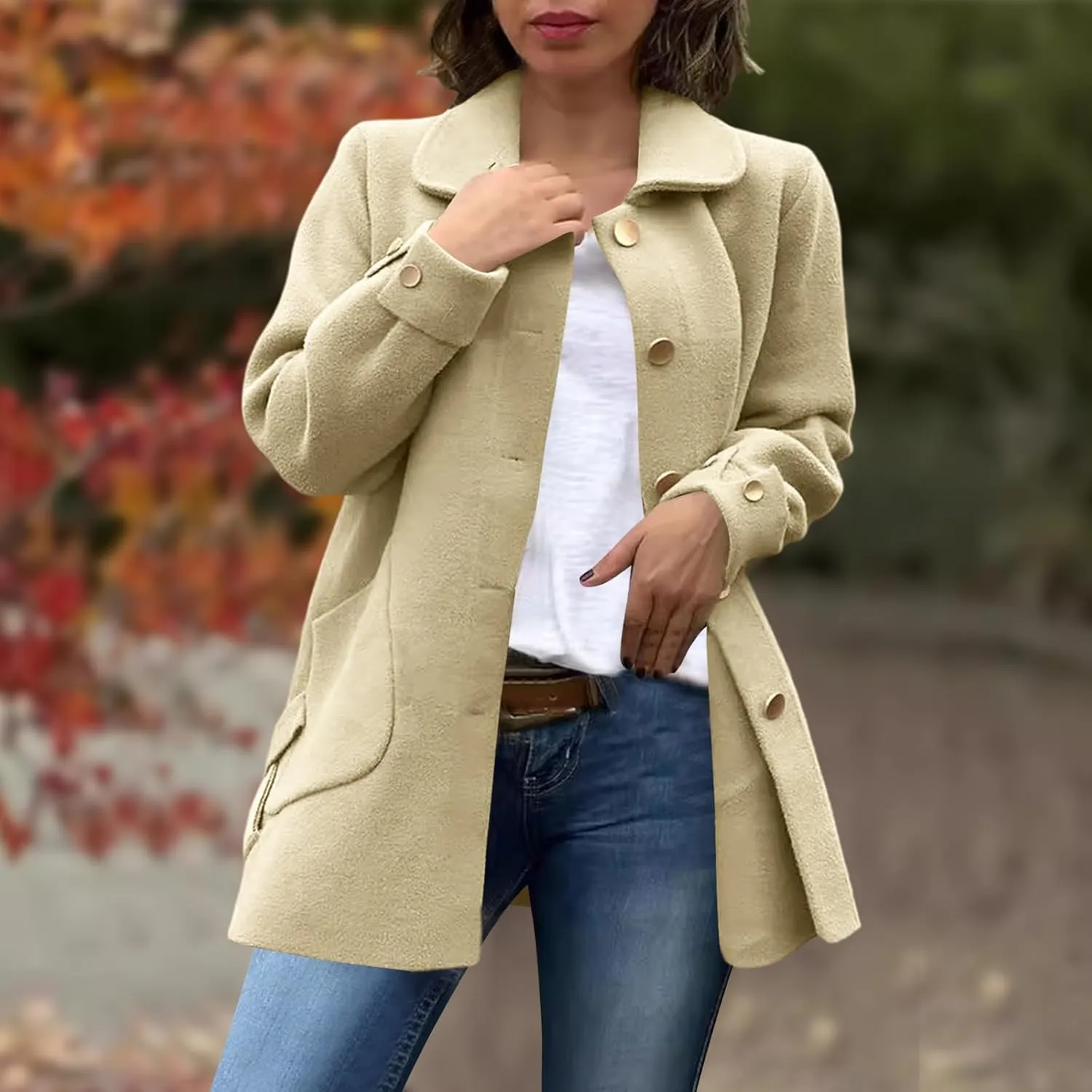Borniu Women's Wool Blend Pea Coat Lapel Collar Single Breasted Trench Coat Outwear Open Front Cardigan Winter Jackets