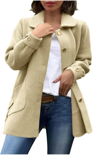 Borniu Women's Wool Blend Pea Coat Lapel Collar Single Breasted Trench Coat Outwear Open Front Cardigan Winter Jackets