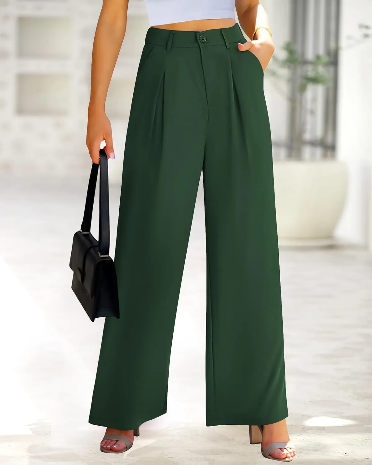 BTFBM Women High Waist Palazzo Pants Casual Wide Leg Trousers Button Down Loose Work Office Business Suit Pant Pockets