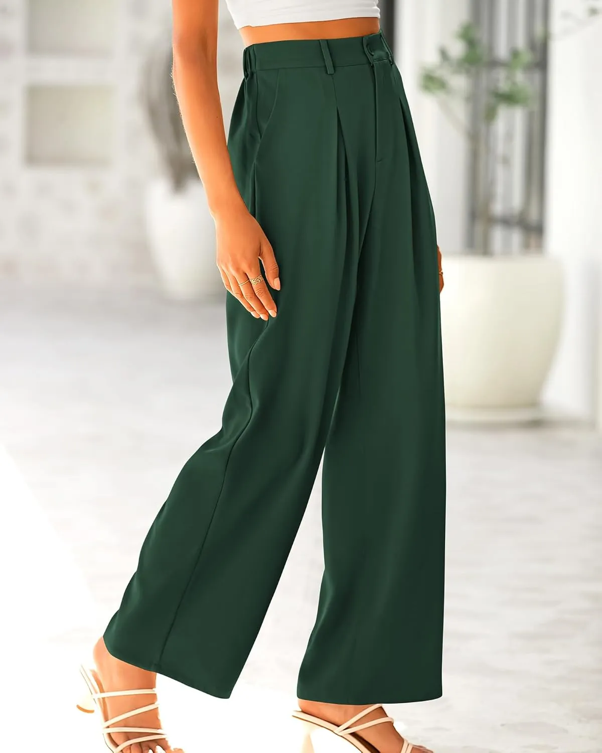 BTFBM Women High Waist Palazzo Pants Casual Wide Leg Trousers Button Down Loose Work Office Business Suit Pant Pockets