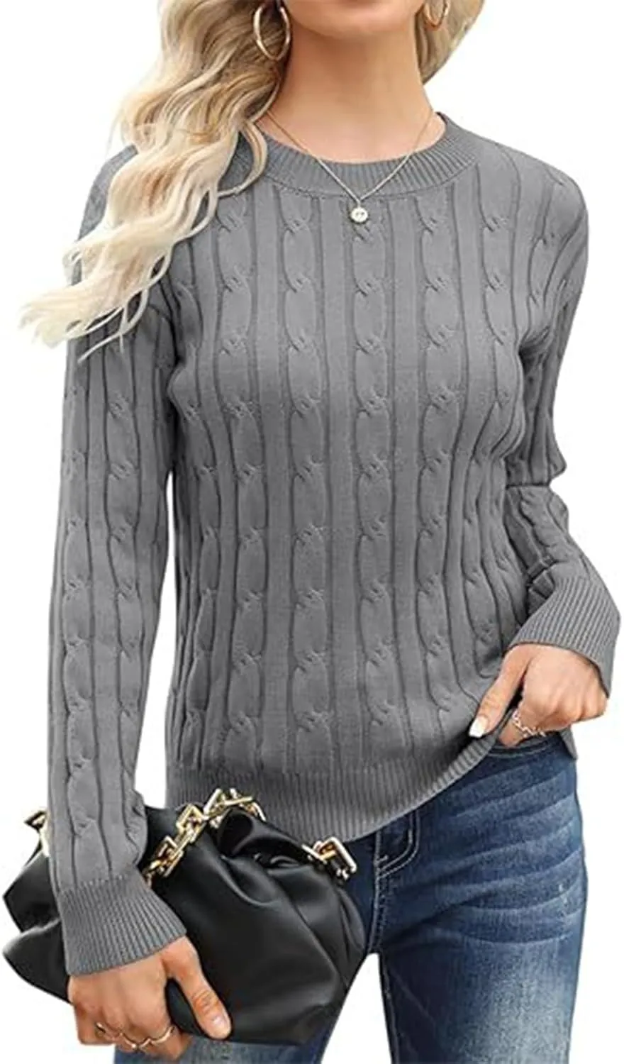 Cable Knit Sweater Women Crewneck Sweater Blouses Dressy Casual Long Sleeve Shirts Pullover Casual Loose Fitting Tops
