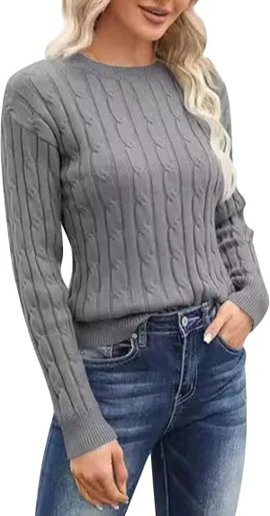 Cable Knit Sweater Women Crewneck Sweater Blouses Dressy Casual Long Sleeve Shirts Pullover Casual Loose Fitting Tops
