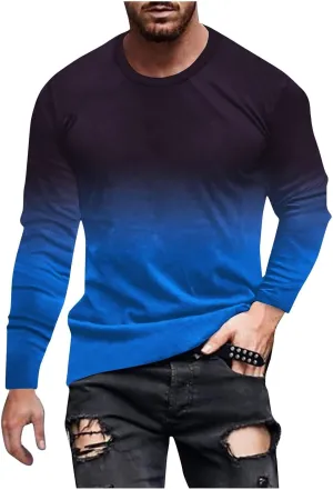 Casual Sports T-Shirts for Men Loose Crew Neck Gradient Long Sleeve Pullover Tops Fashion Comfort Athletic Blouses