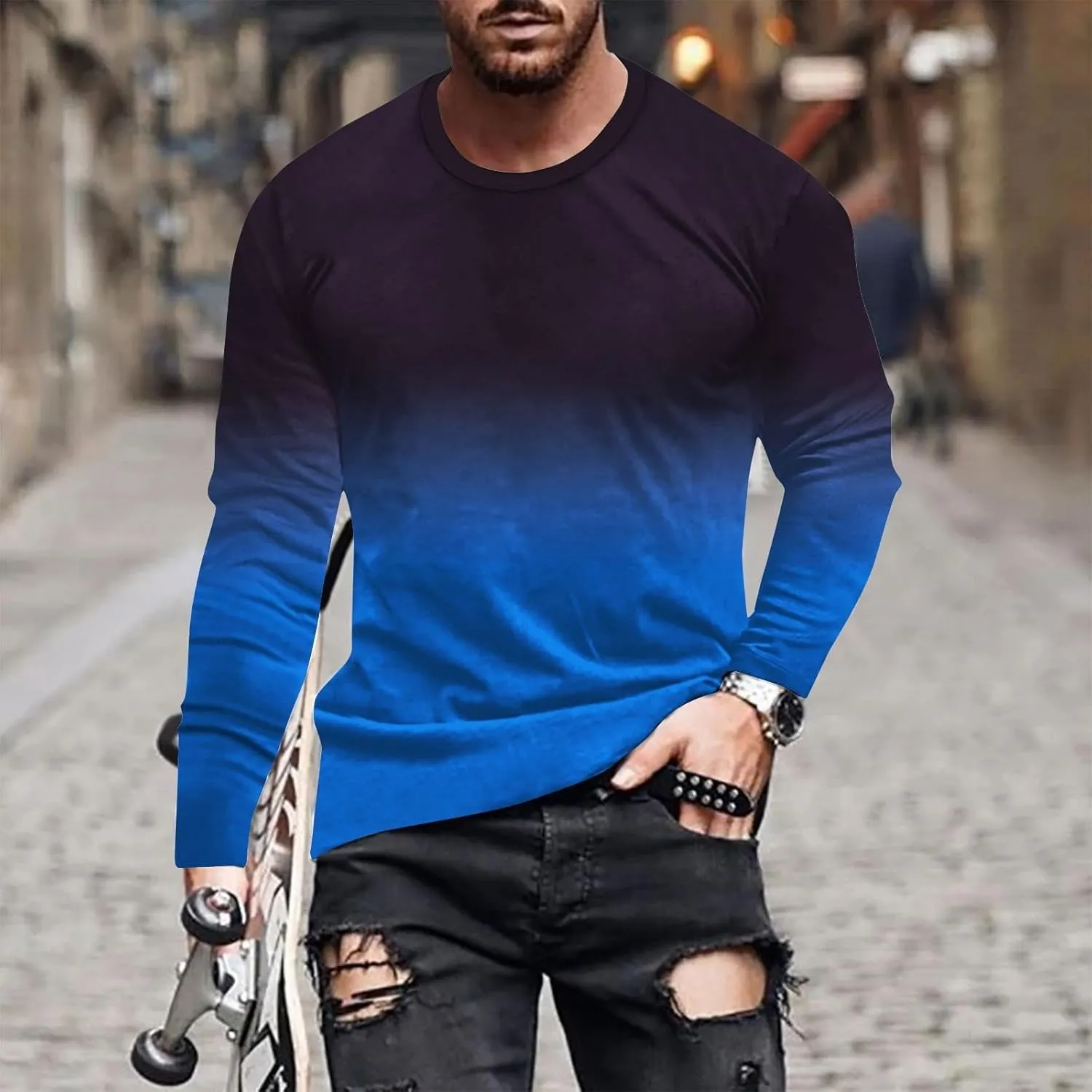 Casual Sports T-Shirts for Men Loose Crew Neck Gradient Long Sleeve Pullover Tops Fashion Comfort Athletic Blouses