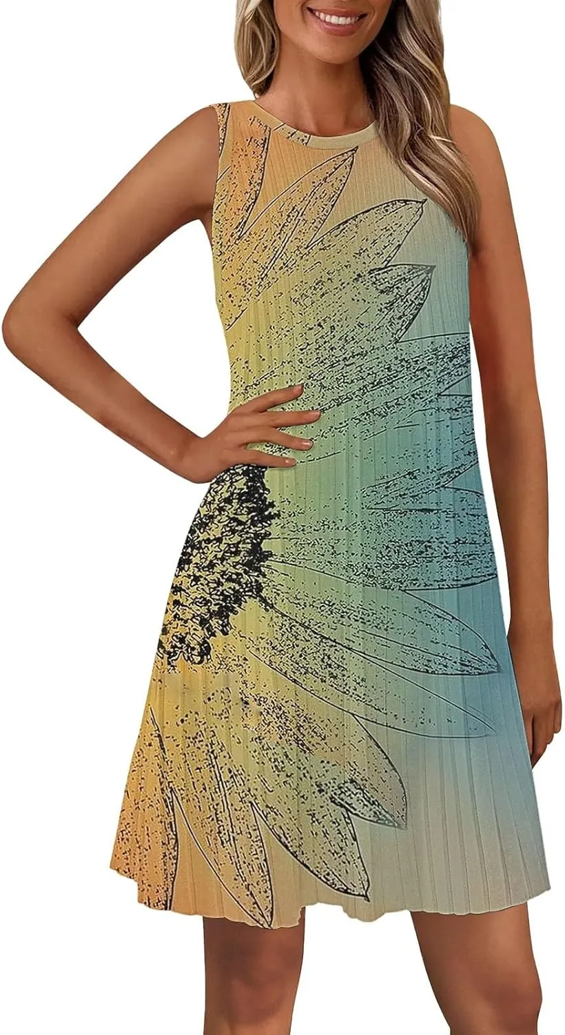 Casual Summer Dresses for Women 2025,Womens Trendy Printed Sleeveless Mini Dress Boatneck Loose Fit Tank A Line Beach Dress