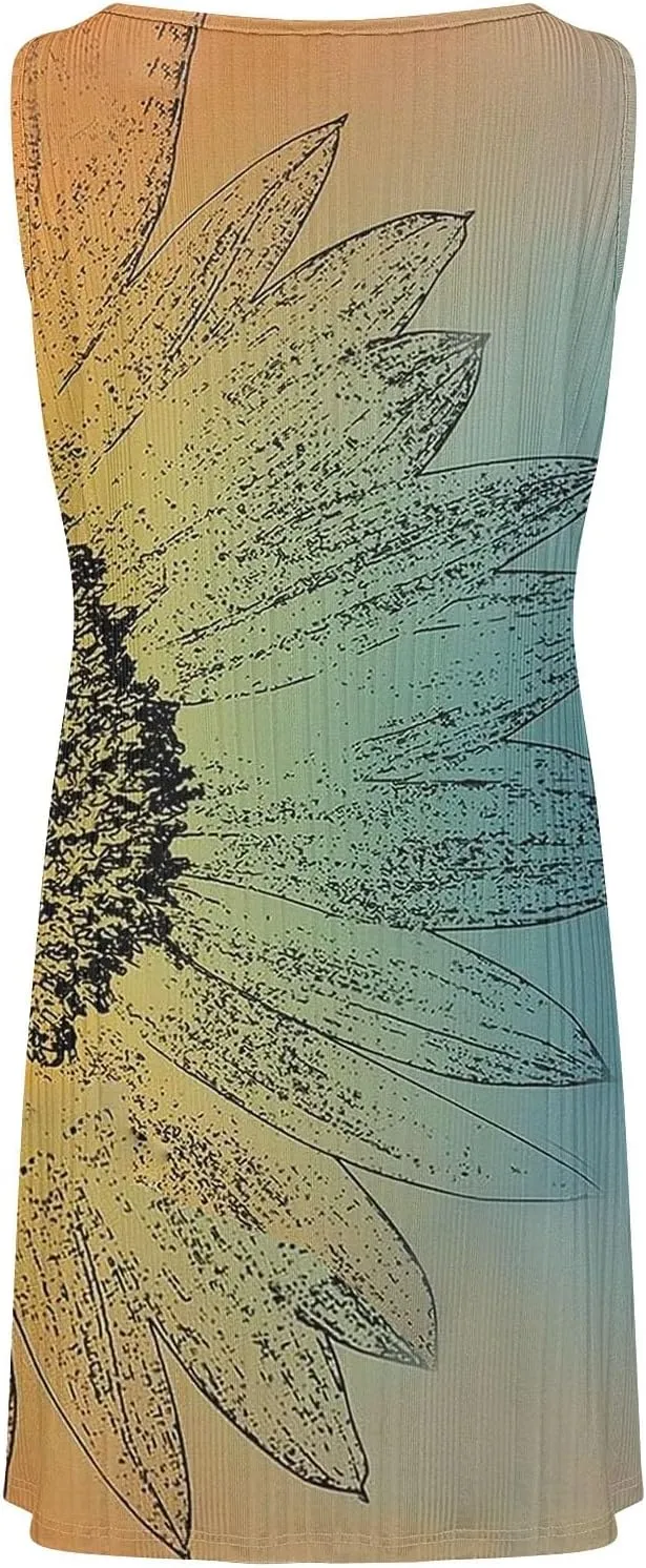 Casual Summer Dresses for Women 2025,Womens Trendy Printed Sleeveless Mini Dress Boatneck Loose Fit Tank A Line Beach Dress