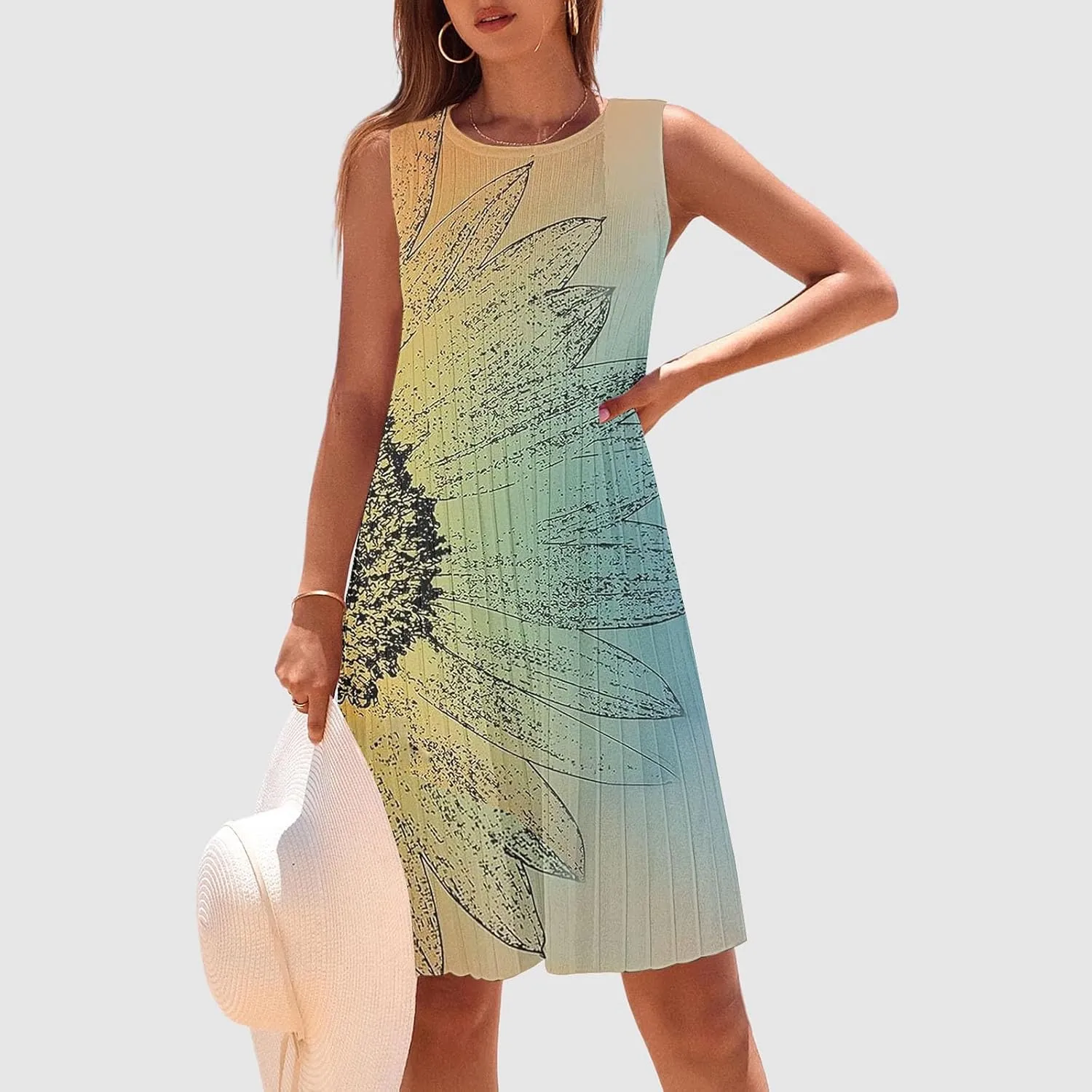 Casual Summer Dresses for Women 2025,Womens Trendy Printed Sleeveless Mini Dress Boatneck Loose Fit Tank A Line Beach Dress