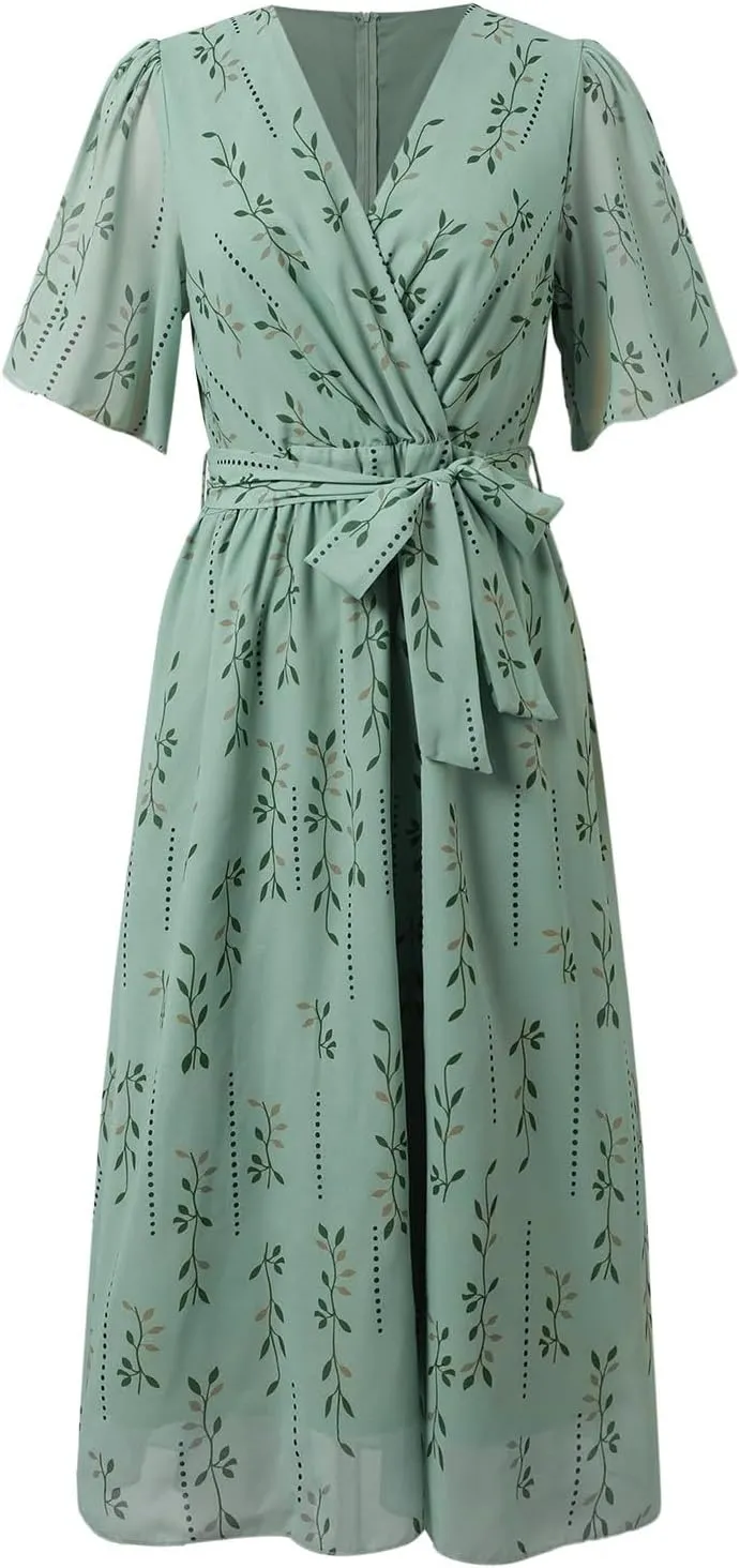 Chiffon Dresses for Women Elegant V Neck Belted Summer Flowy Boho Midi Dresses Wrap Wedding Guest Floral Sundress 2025