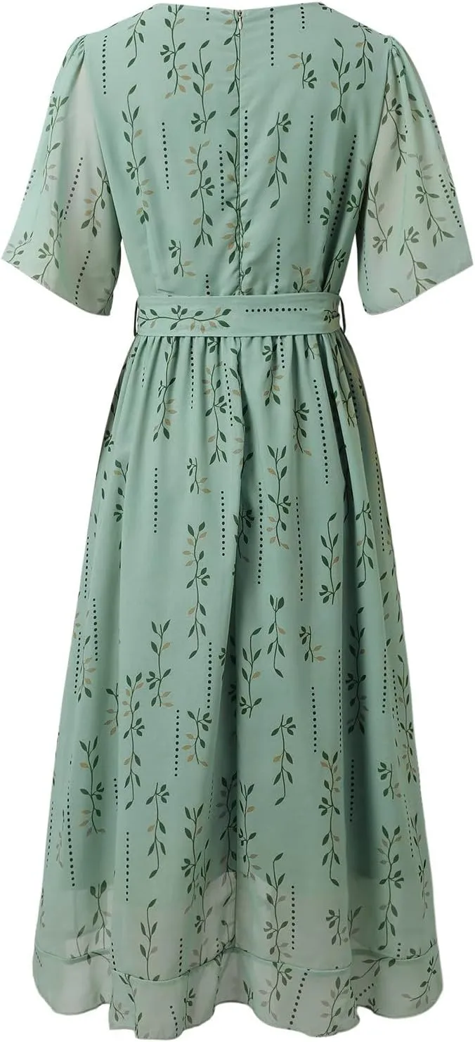 Chiffon Dresses for Women Elegant V Neck Belted Summer Flowy Boho Midi Dresses Wrap Wedding Guest Floral Sundress 2025
