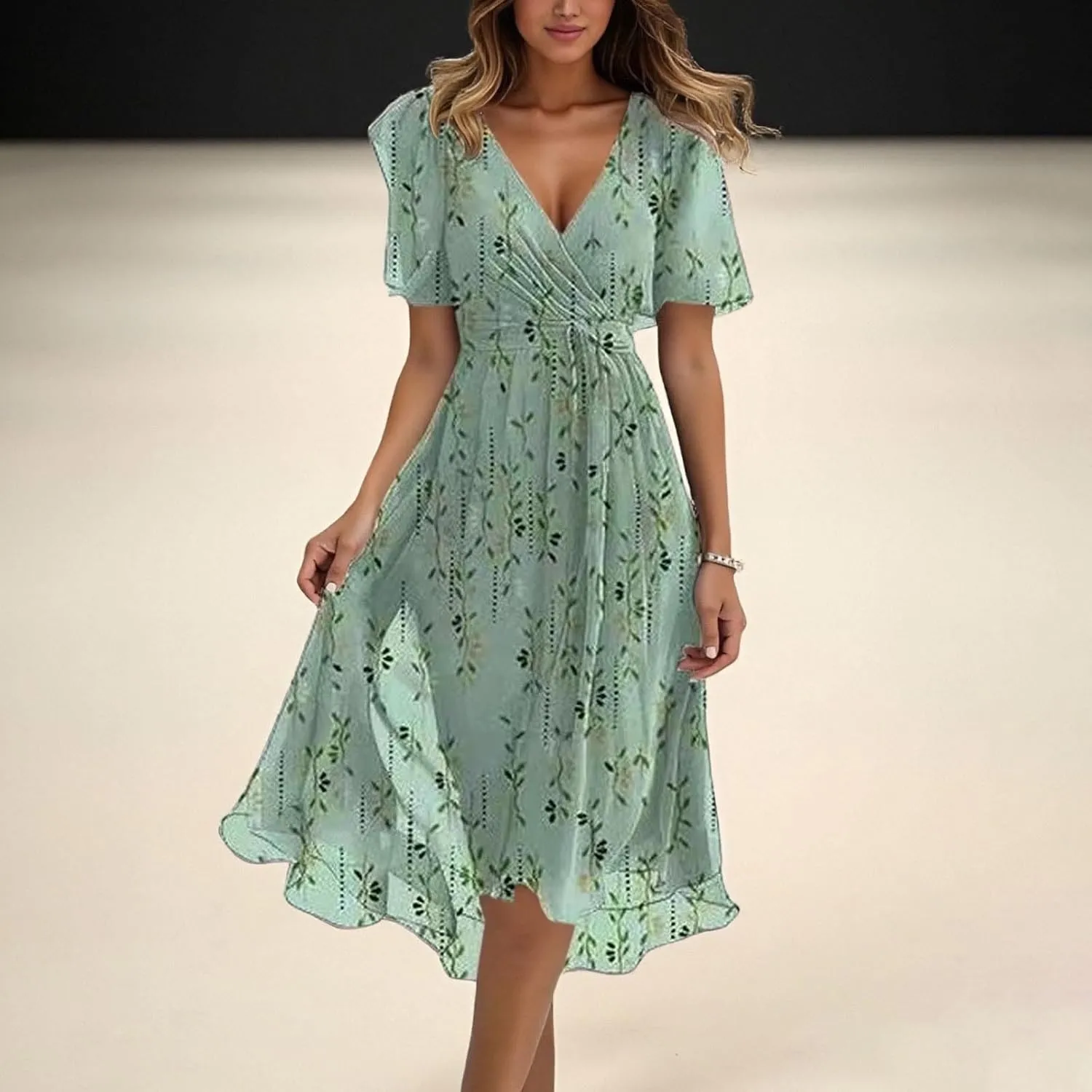 Chiffon Dresses for Women Elegant V Neck Belted Summer Flowy Boho Midi Dresses Wrap Wedding Guest Floral Sundress 2025