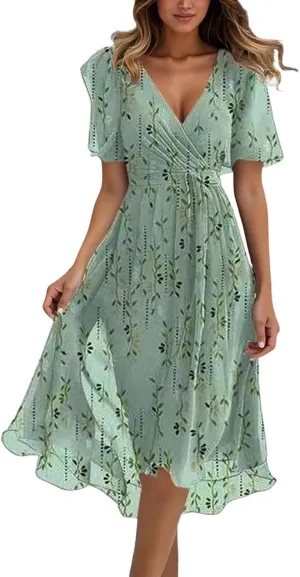 Chiffon Dresses for Women Elegant V Neck Belted Summer Flowy Boho Midi Dresses Wrap Wedding Guest Floral Sundress 2025