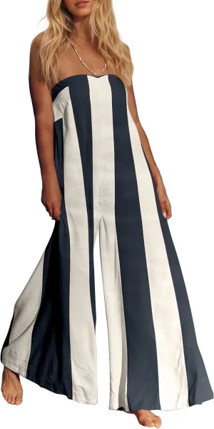 Comfy Wide Leg Jumpsuits For Women Summer Casual Strapless Striped Romper Loose Sleeveless Beach Outfits with Pockets