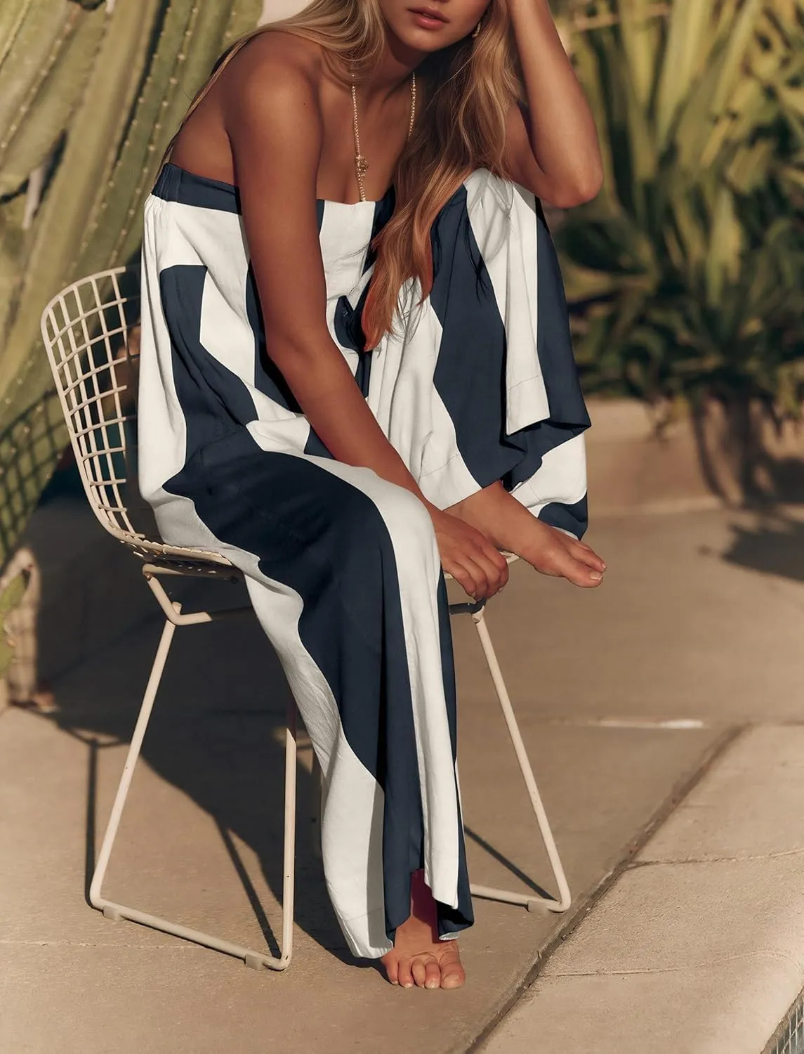 Comfy Wide Leg Jumpsuits For Women Summer Casual Strapless Striped Romper Loose Sleeveless Beach Outfits with Pockets