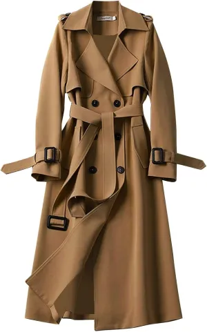 cooki Winter Coats for Women 2023 Mid-long Double Breasted Trench Coat Water Resistant Windbreaker Belted Lapel Overcoat
