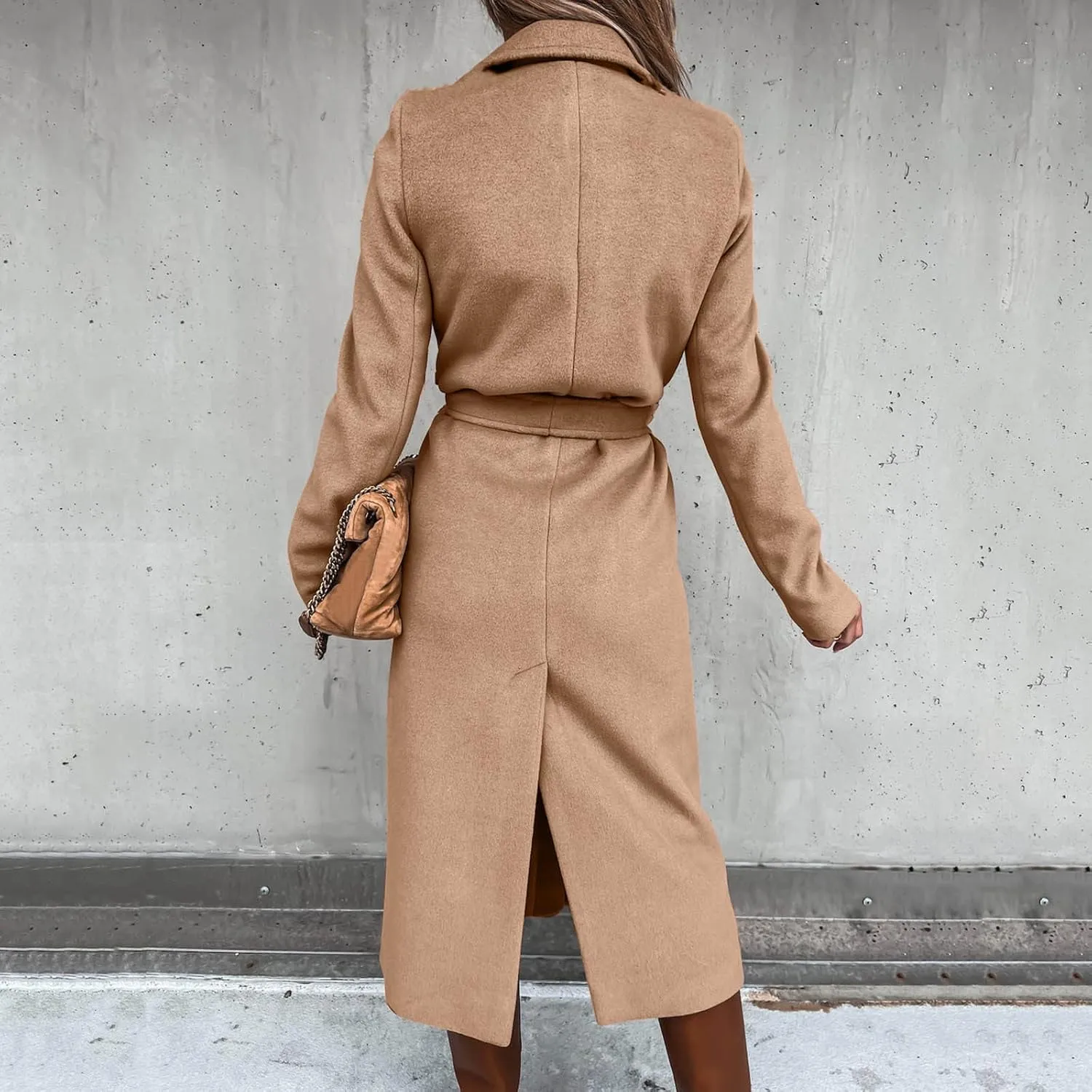 cooki Winter Coats for Women Warm Wool Blend Notch Lapel Open Front Belted Long Pea Coat Slim Fit Jackets Trench Coats