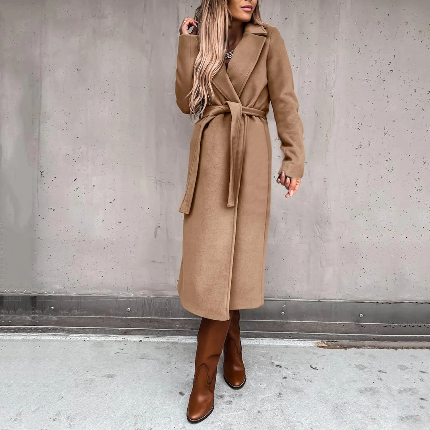 cooki Winter Coats for Women Warm Wool Blend Notch Lapel Open Front Belted Long Pea Coat Slim Fit Jackets Trench Coats