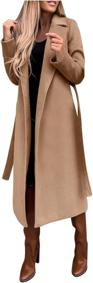cooki Winter Coats for Women Warm Wool Blend Notch Lapel Open Front Belted Long Pea Coat Slim Fit Jackets Trench Coats