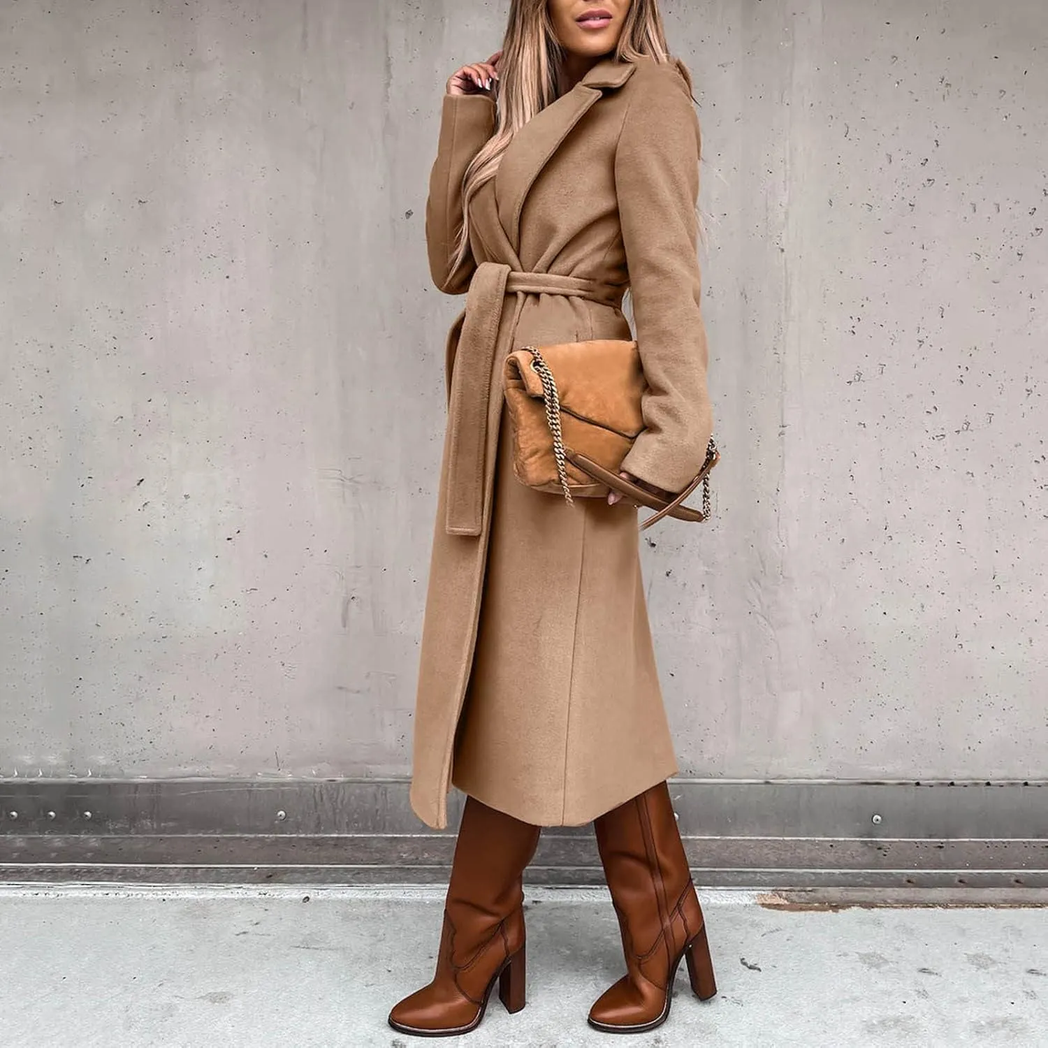 cooki Winter Coats for Women Warm Wool Blend Notch Lapel Open Front Belted Long Pea Coat Slim Fit Jackets Trench Coats