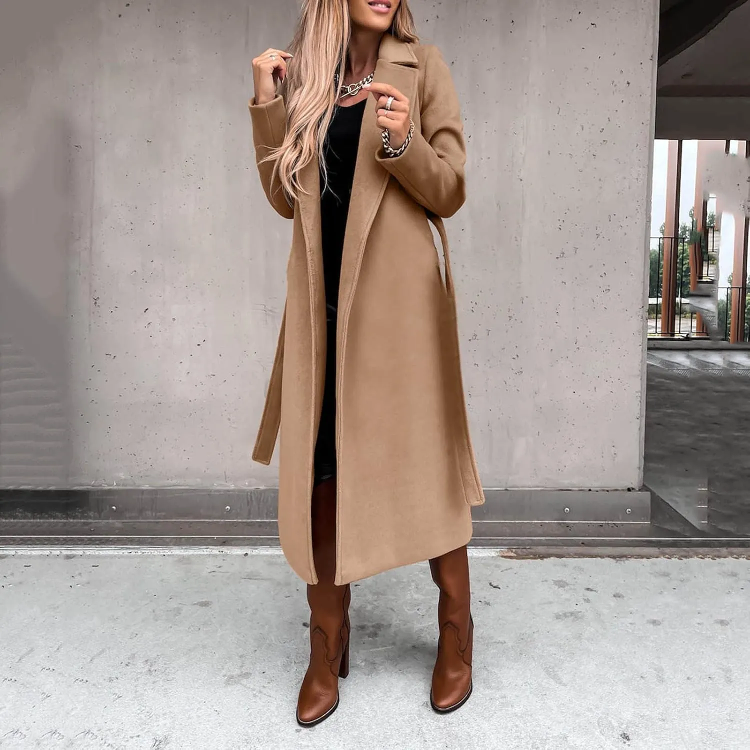 cooki Winter Coats for Women Warm Wool Blend Notch Lapel Open Front Belted Long Pea Coat Slim Fit Jackets Trench Coats