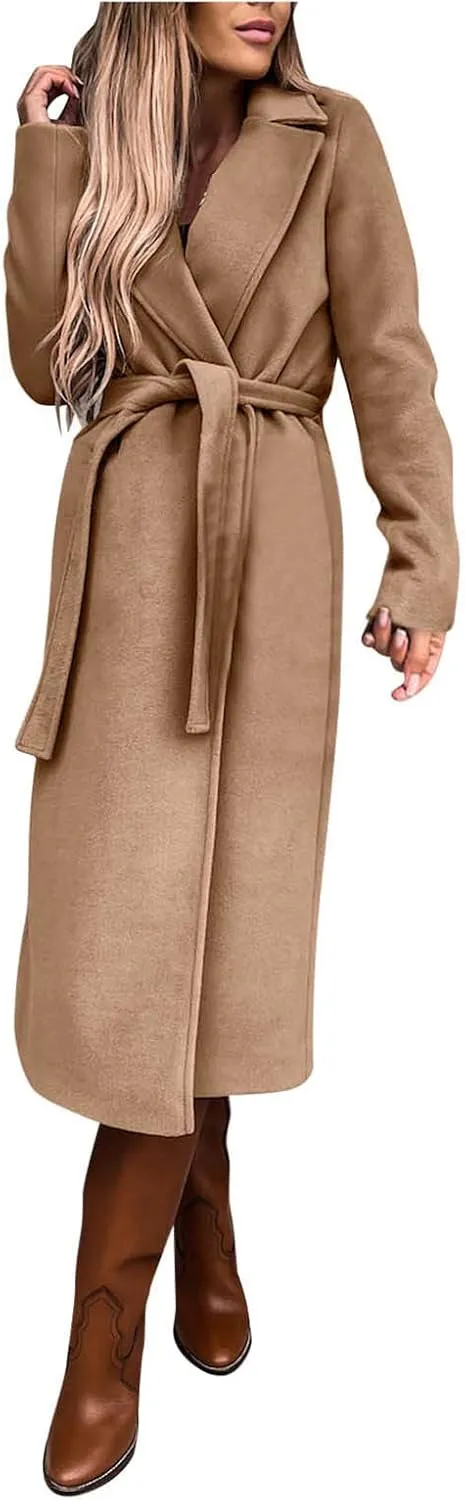 cooki Winter Coats for Women Warm Wool Blend Notch Lapel Open Front Belted Long Pea Coat Slim Fit Jackets Trench Coats