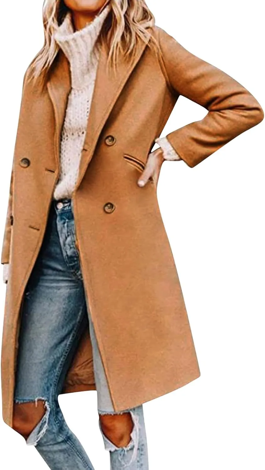cooki Winter Coats Womens 2024 Trendy Long Trench Coat Lapel Wool Blend Pea Coats Warm Sherpa Jacket with Pockets