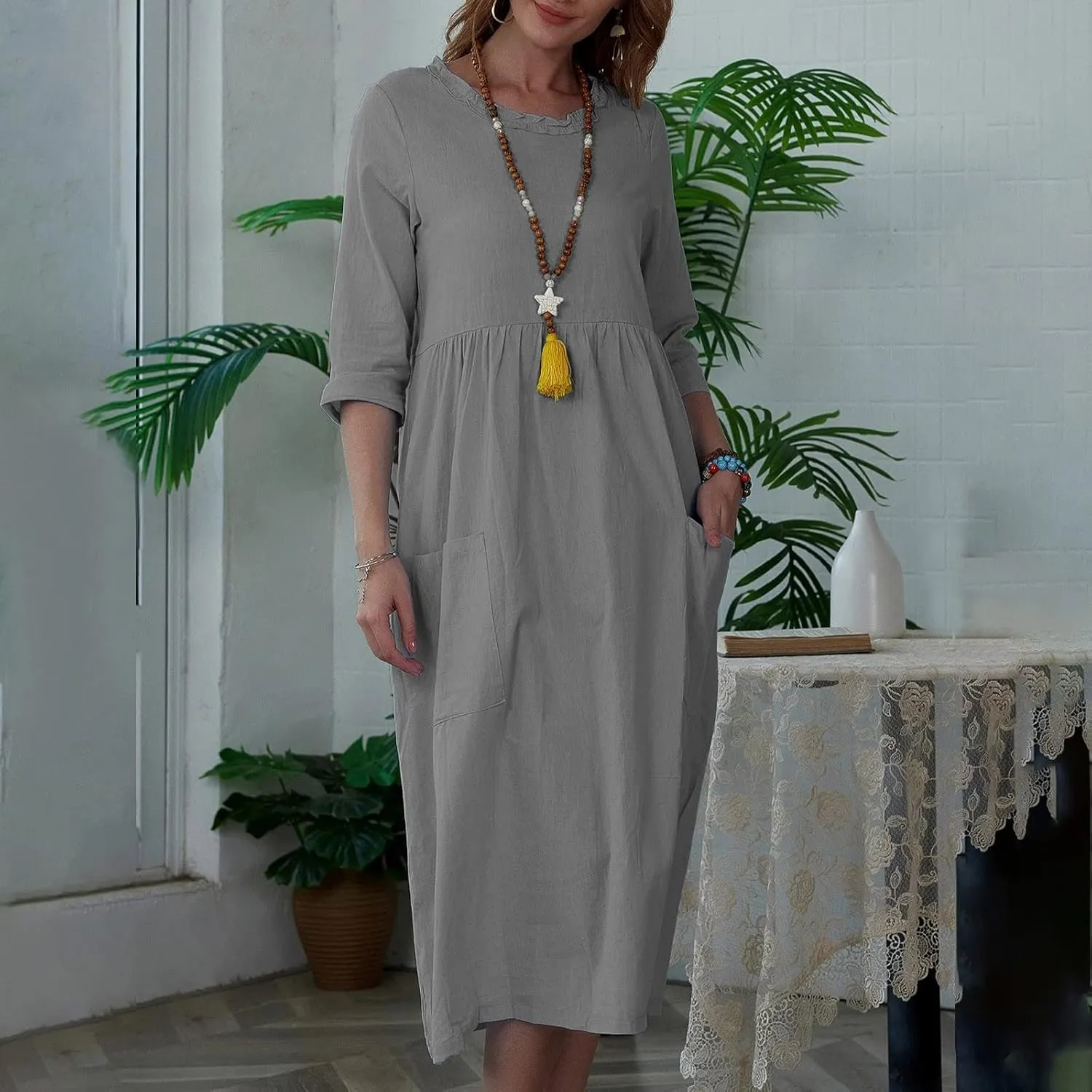 Cotton Linen Dress for Womens Smocked Baggy Shift Dress Summer 3/4 Sleeve Lounge Dress Casual Dress with Pocket