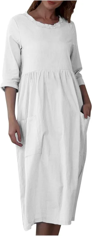 Cotton Linen Dress for Womens Smocked Baggy Shift Dress Summer 3/4 Sleeve Lounge Dress Casual Dress with Pocket