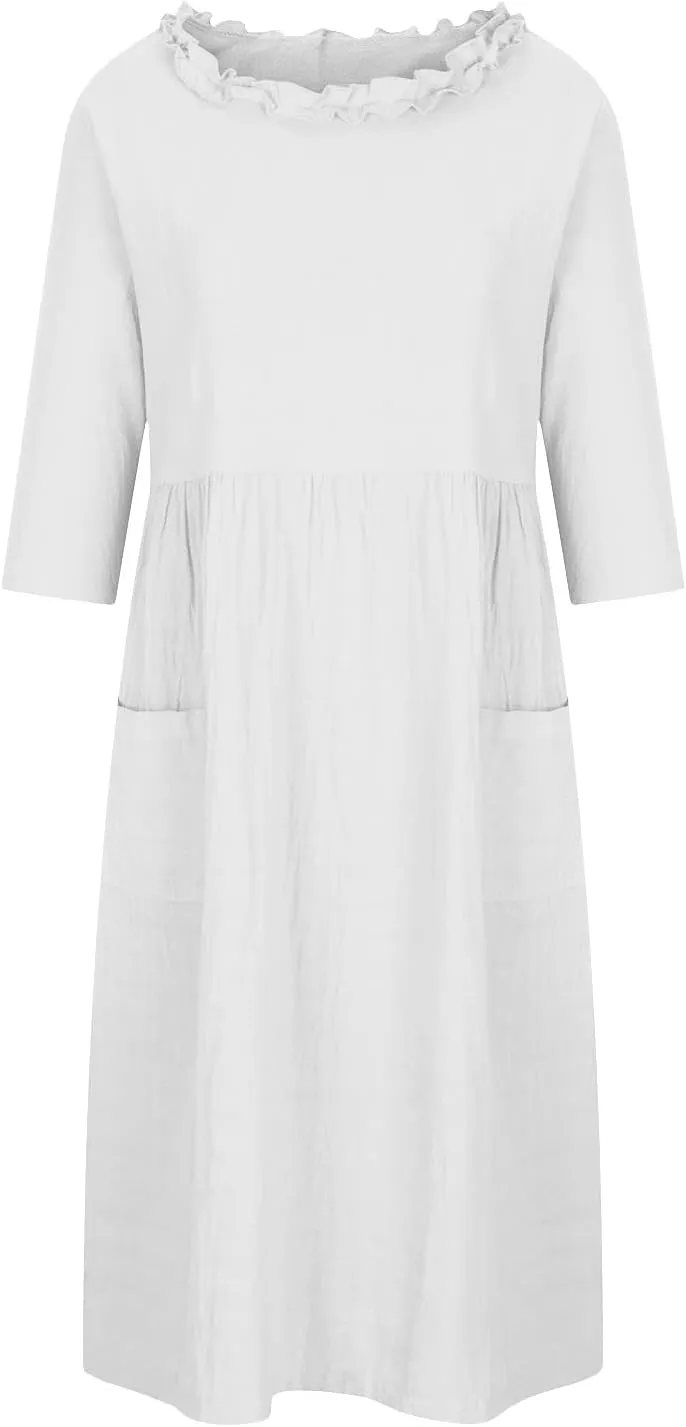 Cotton Linen Dress for Womens Smocked Baggy Shift Dress Summer 3/4 Sleeve Lounge Dress Casual Dress with Pocket