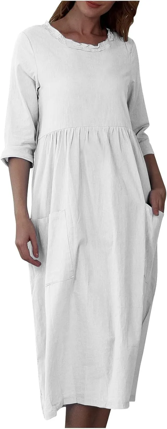 Cotton Linen Dress for Womens Smocked Baggy Shift Dress Summer 3/4 Sleeve Lounge Dress Casual Dress with Pocket
