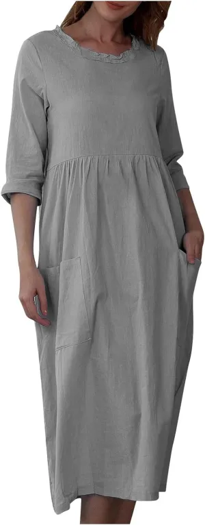 Cotton Linen Dress for Womens Smocked Baggy Shift Dress Summer 3/4 Sleeve Lounge Dress Casual Dress with Pocket