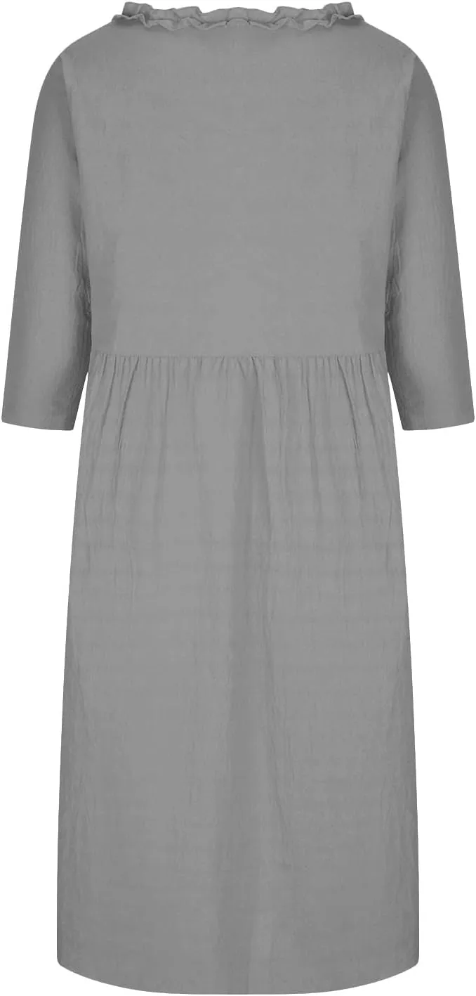 Cotton Linen Dress for Womens Smocked Baggy Shift Dress Summer 3/4 Sleeve Lounge Dress Casual Dress with Pocket