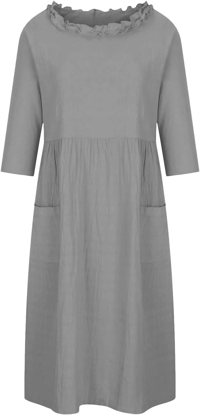 Cotton Linen Dress for Womens Smocked Baggy Shift Dress Summer 3/4 Sleeve Lounge Dress Casual Dress with Pocket