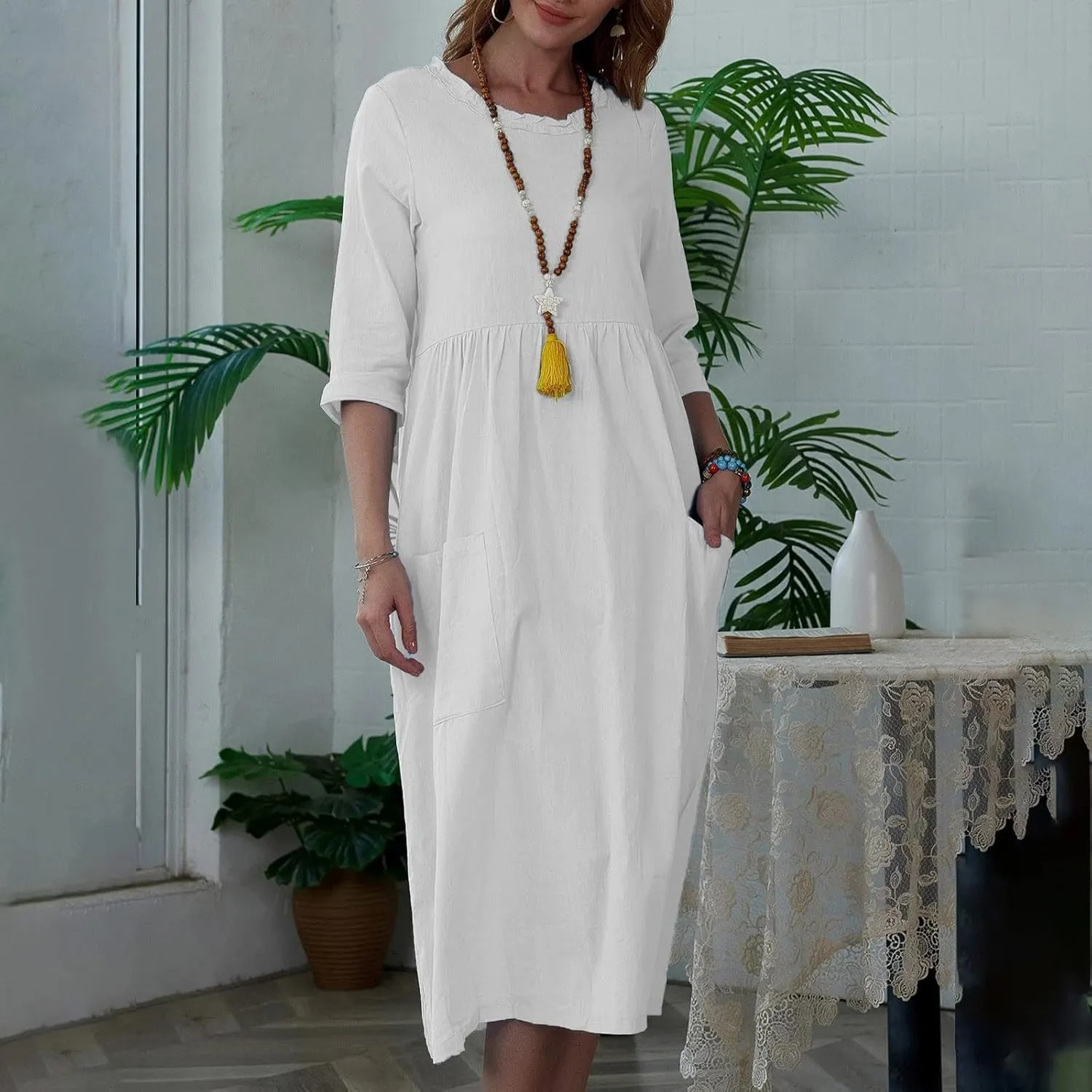 Cotton Linen Dress for Womens Smocked Baggy Shift Dress Summer 3/4 Sleeve Lounge Dress Casual Dress with Pocket