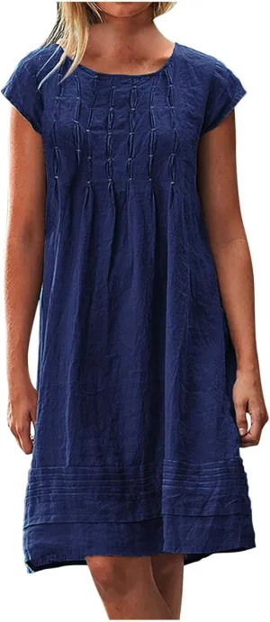 Cotton Linen Dress Women Pleated Summer Dresses Round Neck Short Sleeve Sundress Beach Vacation Casual Mini Dress 2025
