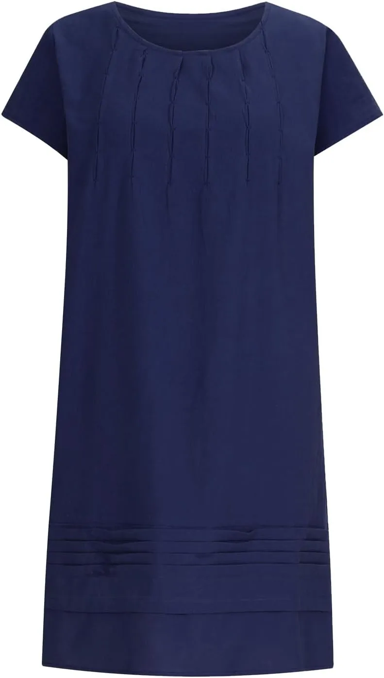 Cotton Linen Dress Women Pleated Summer Dresses Round Neck Short Sleeve Sundress Beach Vacation Casual Mini Dress 2025