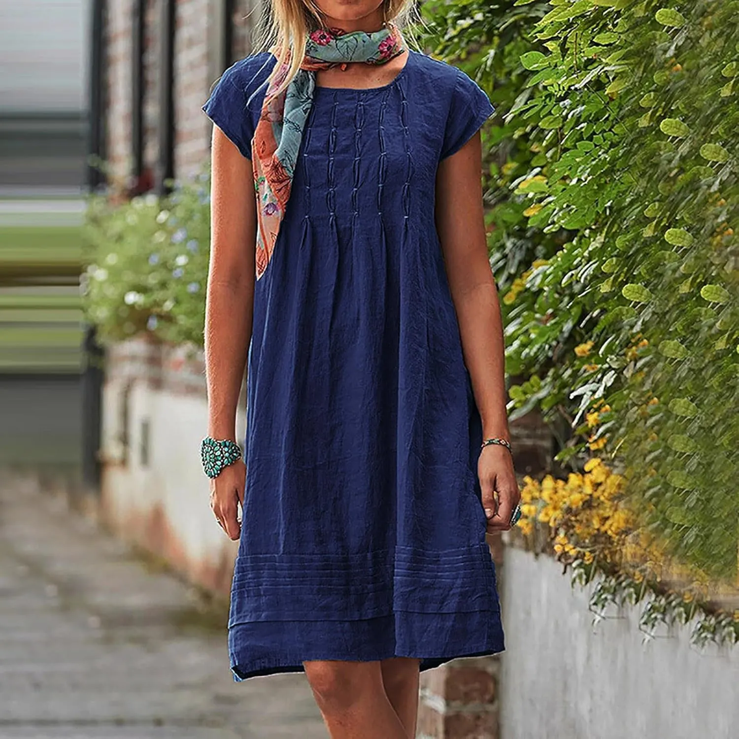 Cotton Linen Dress Women Pleated Summer Dresses Round Neck Short Sleeve Sundress Beach Vacation Casual Mini Dress 2025