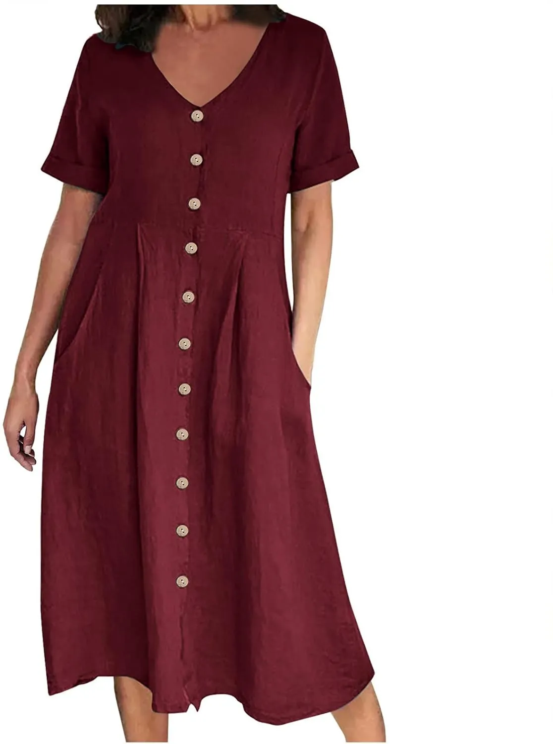 Cotton Linen for Women Summer Dresses 2025 Casual V-Neck Button Sundress Fashion Solid Color Short Sleeve Dress