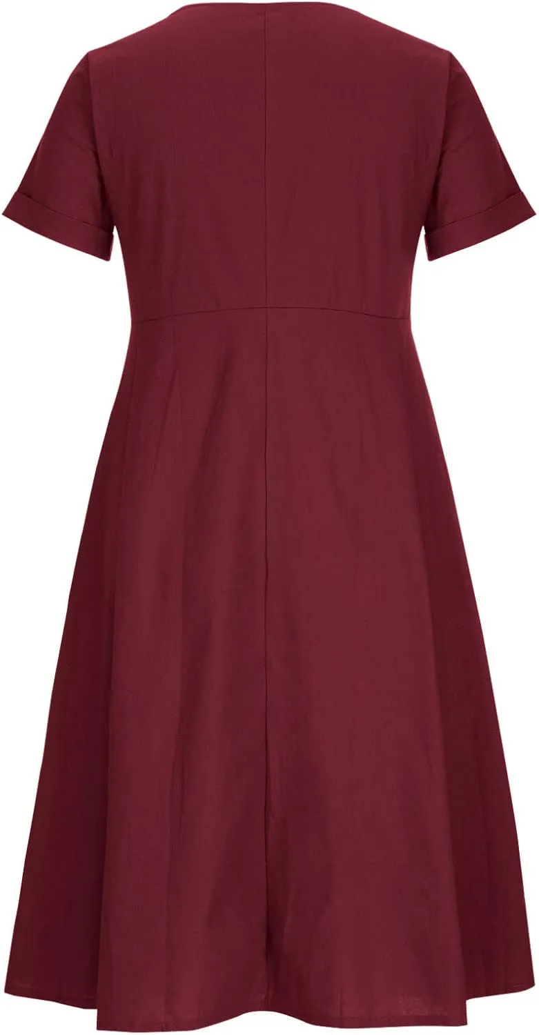 Cotton Linen for Women Summer Dresses 2025 Casual V-Neck Button Sundress Fashion Solid Color Short Sleeve Dress