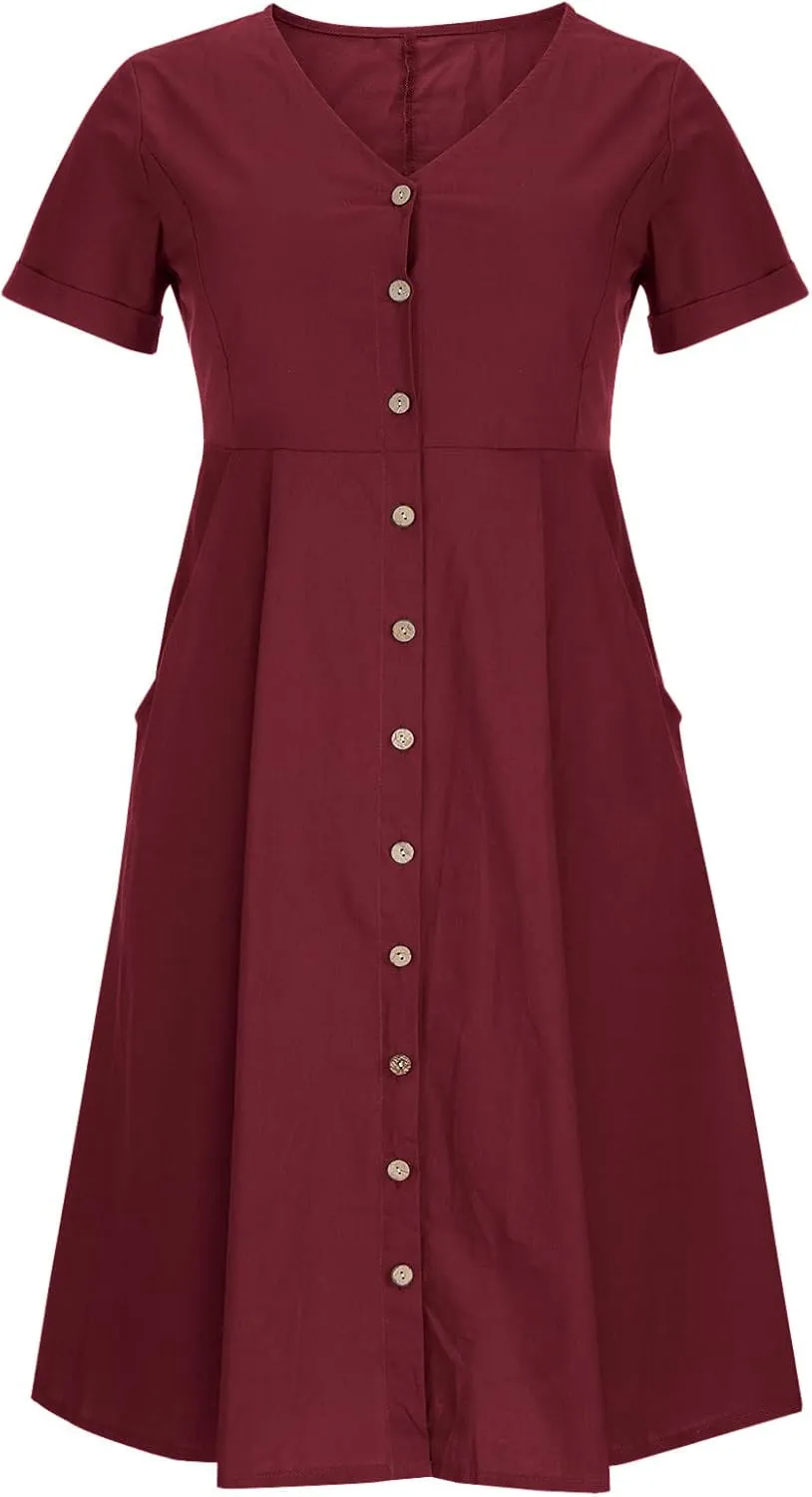 Cotton Linen for Women Summer Dresses 2025 Casual V-Neck Button Sundress Fashion Solid Color Short Sleeve Dress