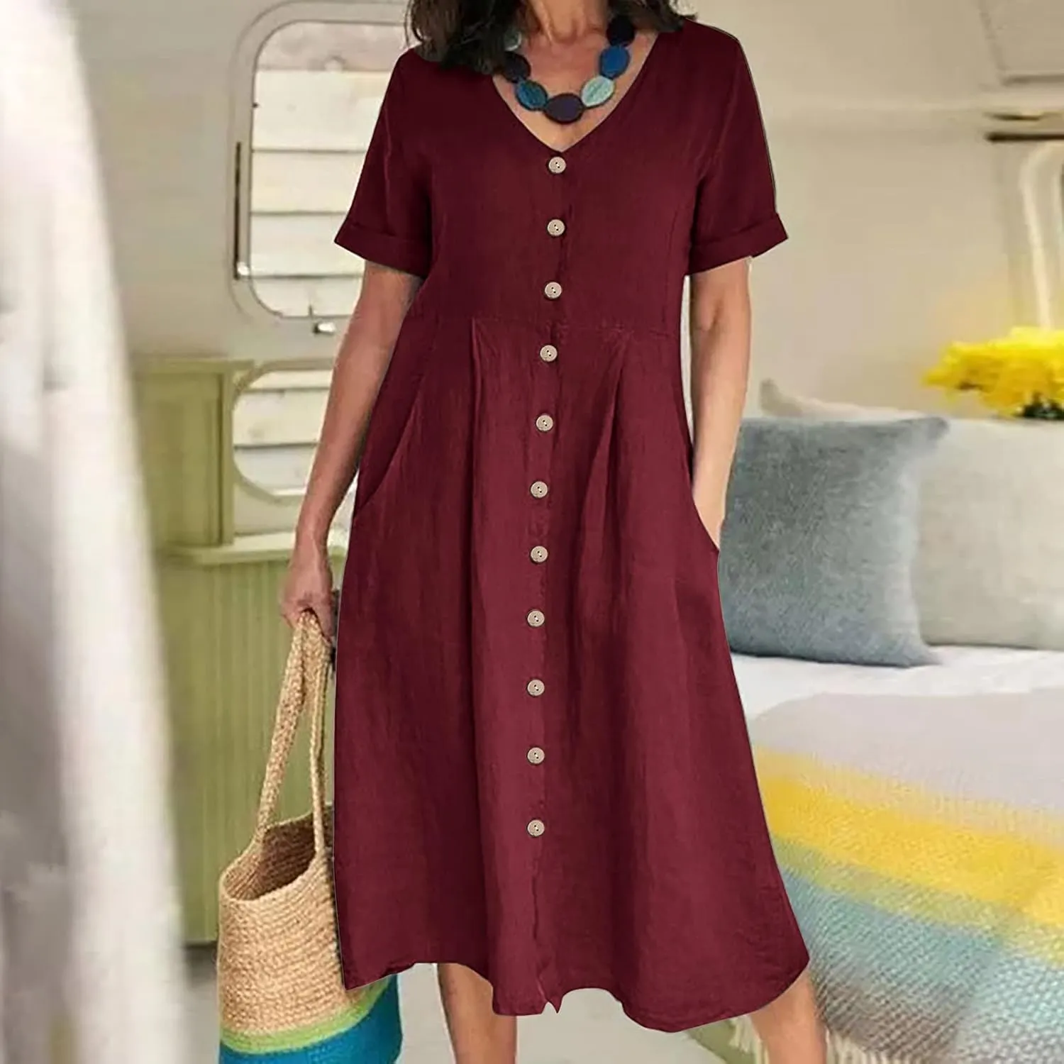 Cotton Linen for Women Summer Dresses 2025 Casual V-Neck Button Sundress Fashion Solid Color Short Sleeve Dress