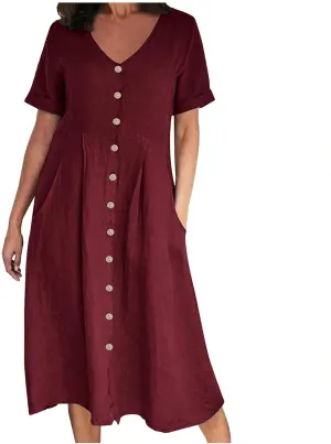 Cotton Linen for Women Summer Dresses 2025 Casual V-Neck Button Sundress Fashion Solid Color Short Sleeve Dress