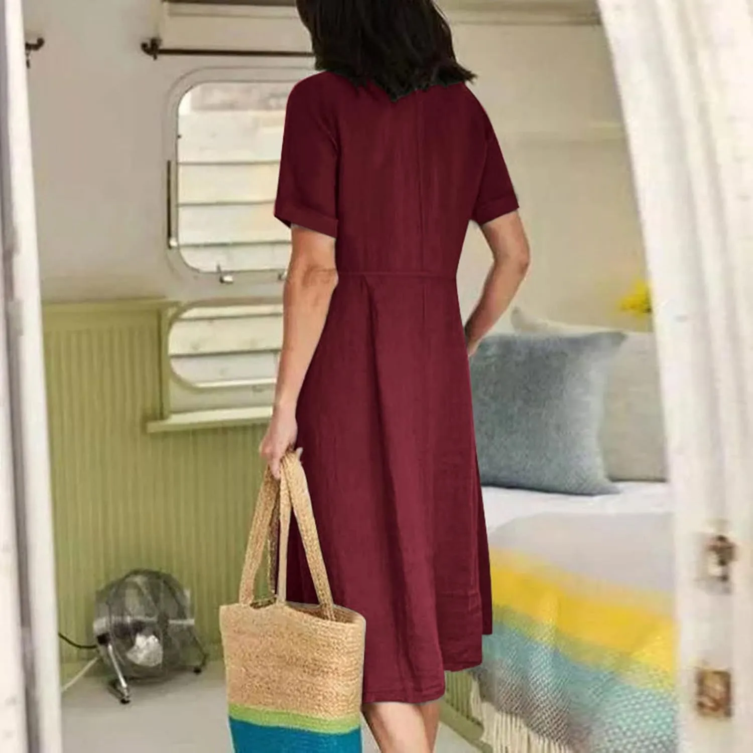Cotton Linen for Women Summer Dresses 2025 Casual V-Neck Button Sundress Fashion Solid Color Short Sleeve Dress