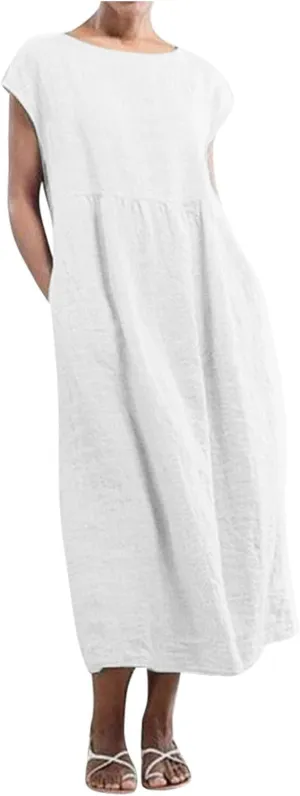 Cotton Linen Shirt Dresses for Women Summer Vintage Dress Casual Linen Maxi Dress Plus Size Bohemian Tunic Dress