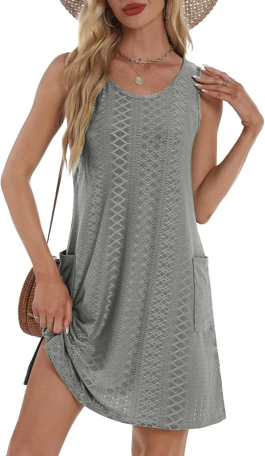 Coverup Summer Dresses for Women 2025 Eyelet Solid Color Casual Loose Sleeveless Sundresses Tank Dresses with Pocket