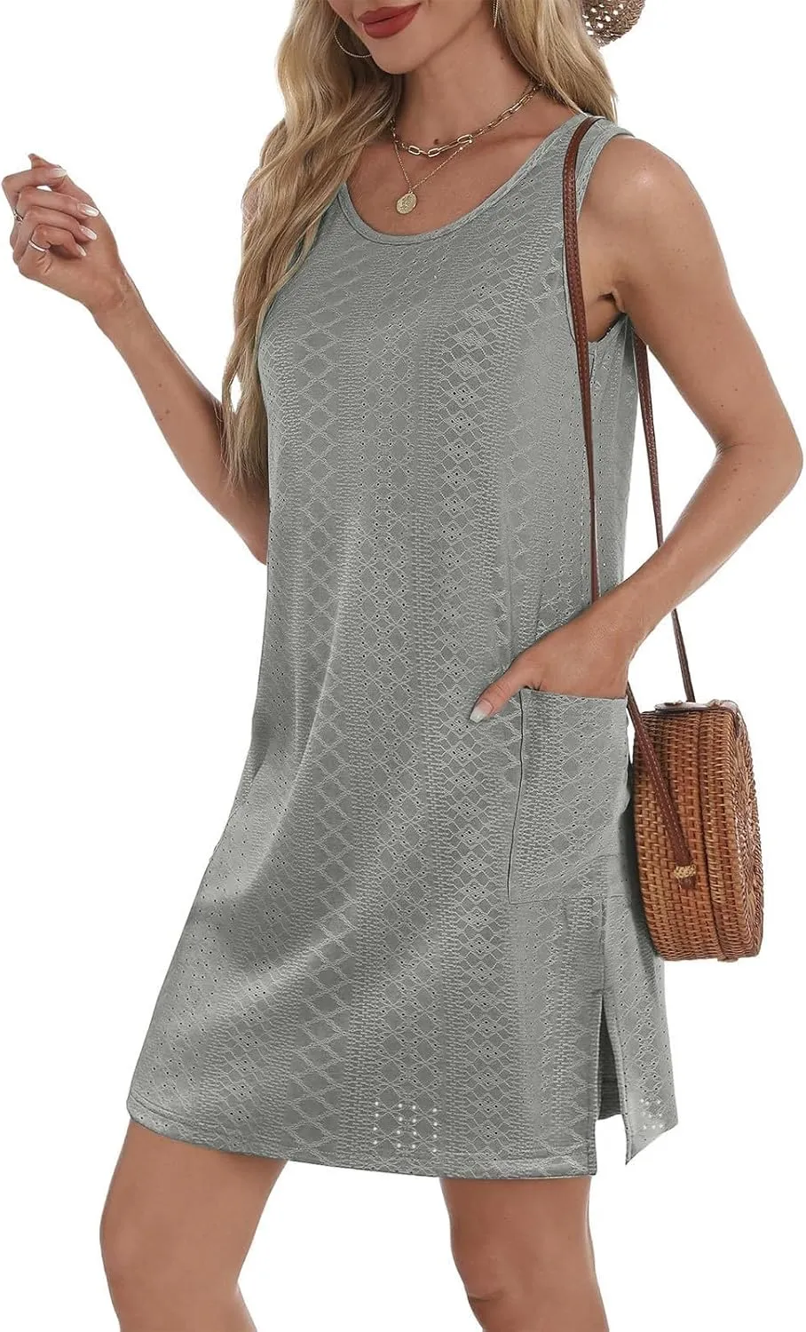 Coverup Summer Dresses for Women 2025 Eyelet Solid Color Casual Loose Sleeveless Sundresses Tank Dresses with Pocket