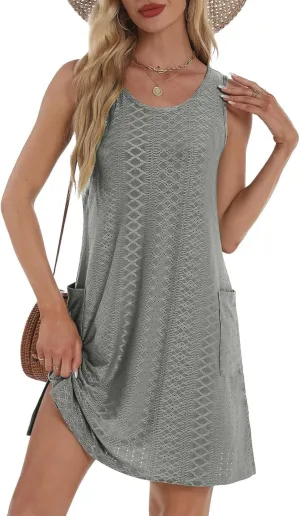 Coverup Summer Dresses for Women 2025 Eyelet Solid Color Casual Loose Sleeveless Sundresses Tank Dresses with Pocket